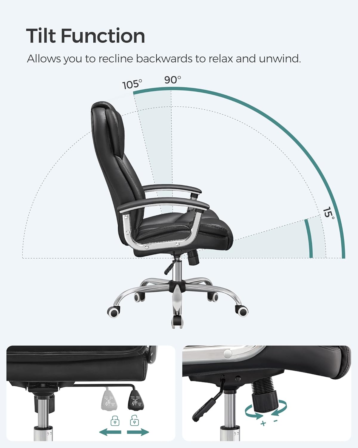 SONGMICS Office Chair, Desk Chair, Gaming Chair with Armrests, Swivel Computer Chair, Executive Office Chair, Adjustable Height, Tilt Function, Home Office, Study, Ink Black OBG57BUKV1-4