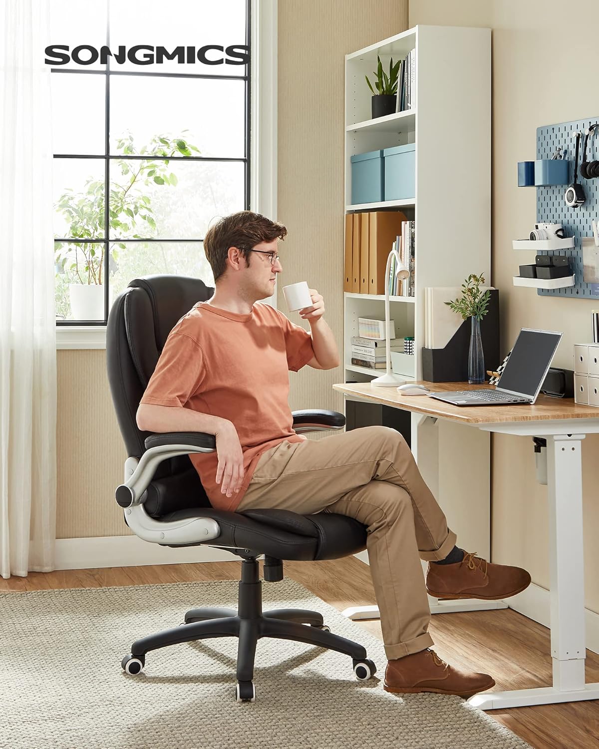 SONGMICS Office Swivel Chair with 76 cm High Back Large Seat and Flip-Up Armrest Computer Desk Executive Chair PU OBG51BUK-1