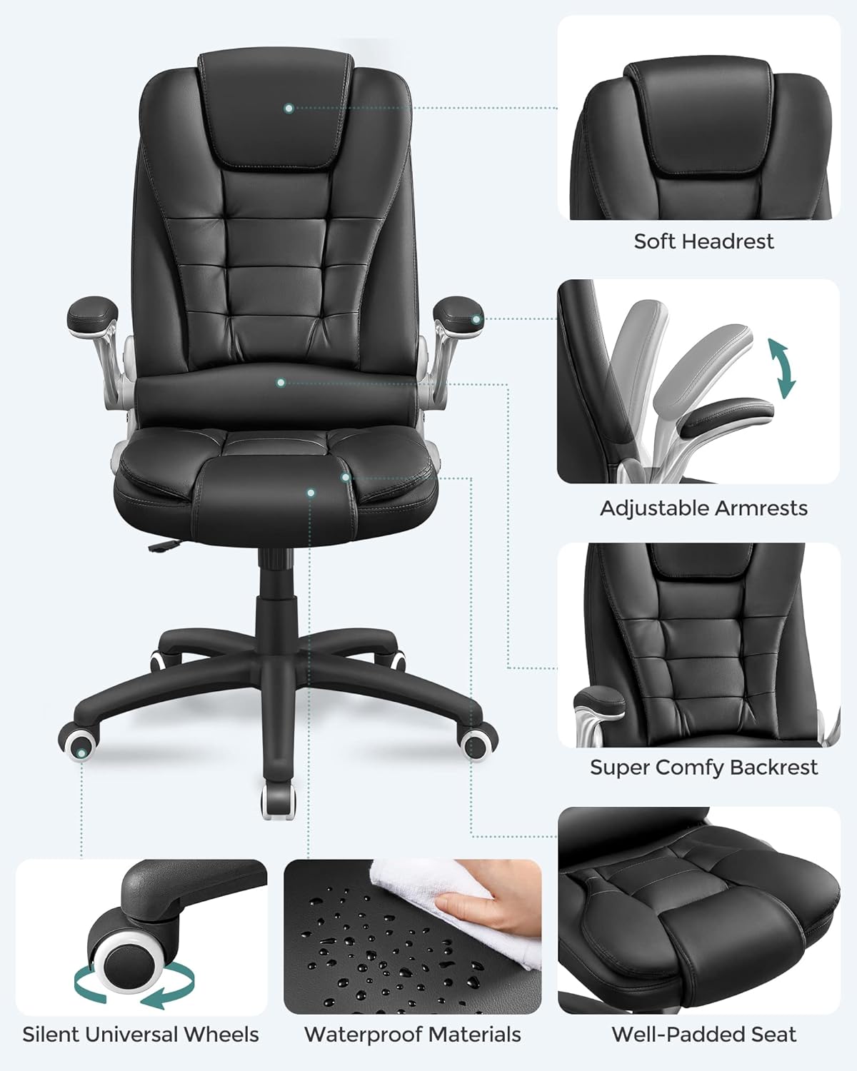 SONGMICS Office Swivel Chair with 76 cm High Back Large Seat and Flip-Up Armrest Computer Desk Executive Chair PU OBG51BUK-3