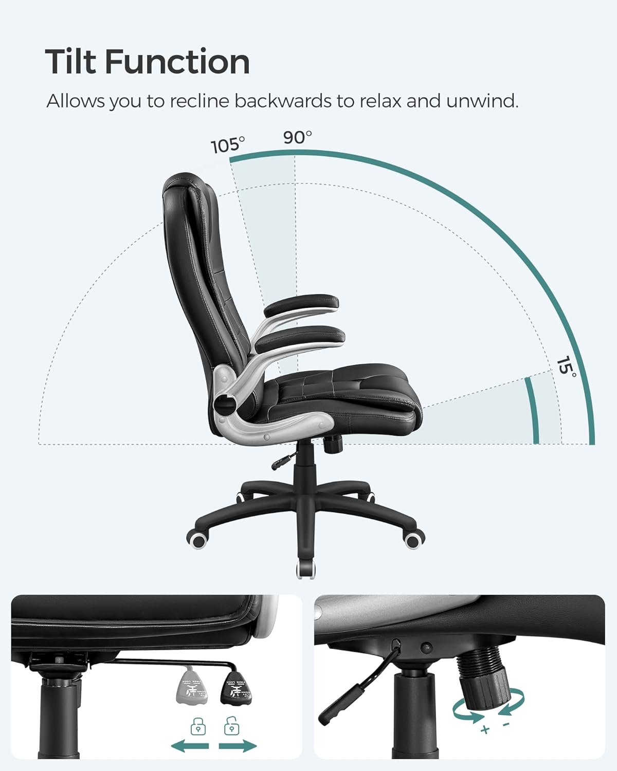 SONGMICS Office Swivel Chair with 76 cm High Back Large Seat and Flip-Up Armrest Computer Desk Executive Chair PU OBG51BUK-4