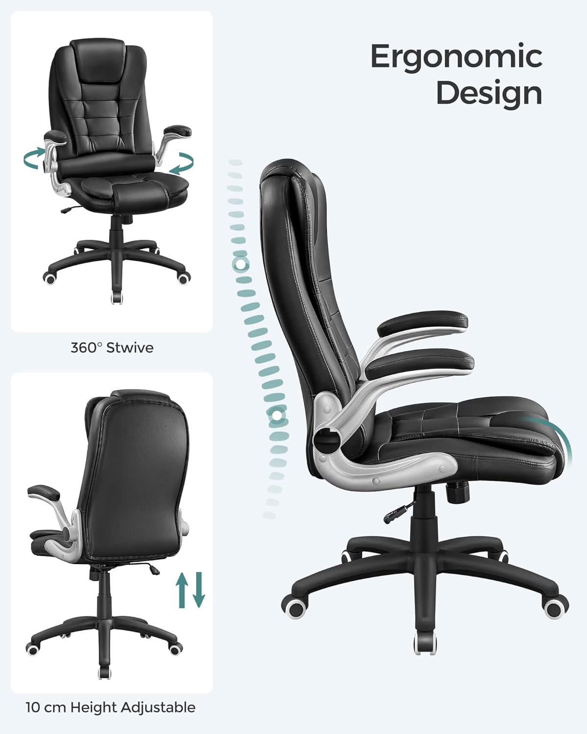 SONGMICS Office Swivel Chair with 76 cm High Back Large Seat and Flip-Up Armrest Computer Desk Executive Chair PU OBG51BUK-5