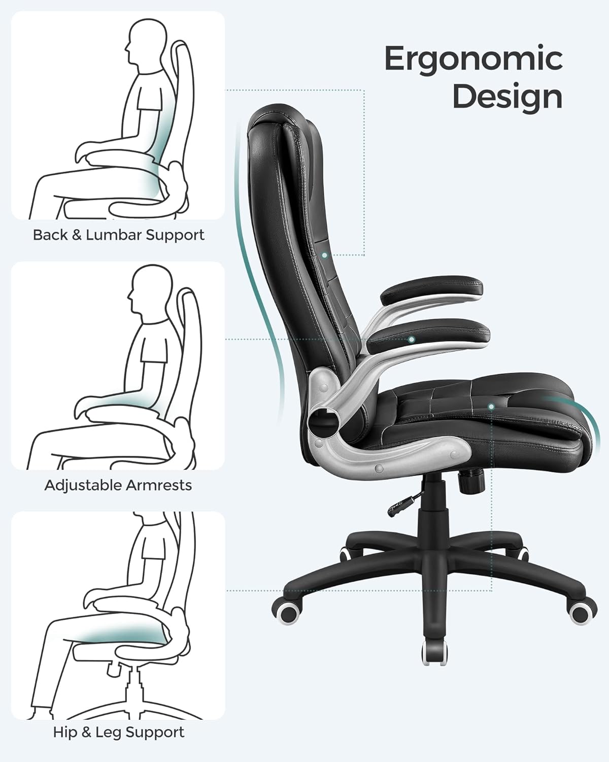 SONGMICS Office Swivel Chair with 76 cm High Back Large Seat and Flip-Up Armrest Computer Desk Executive Chair PU OBG51BUK-8