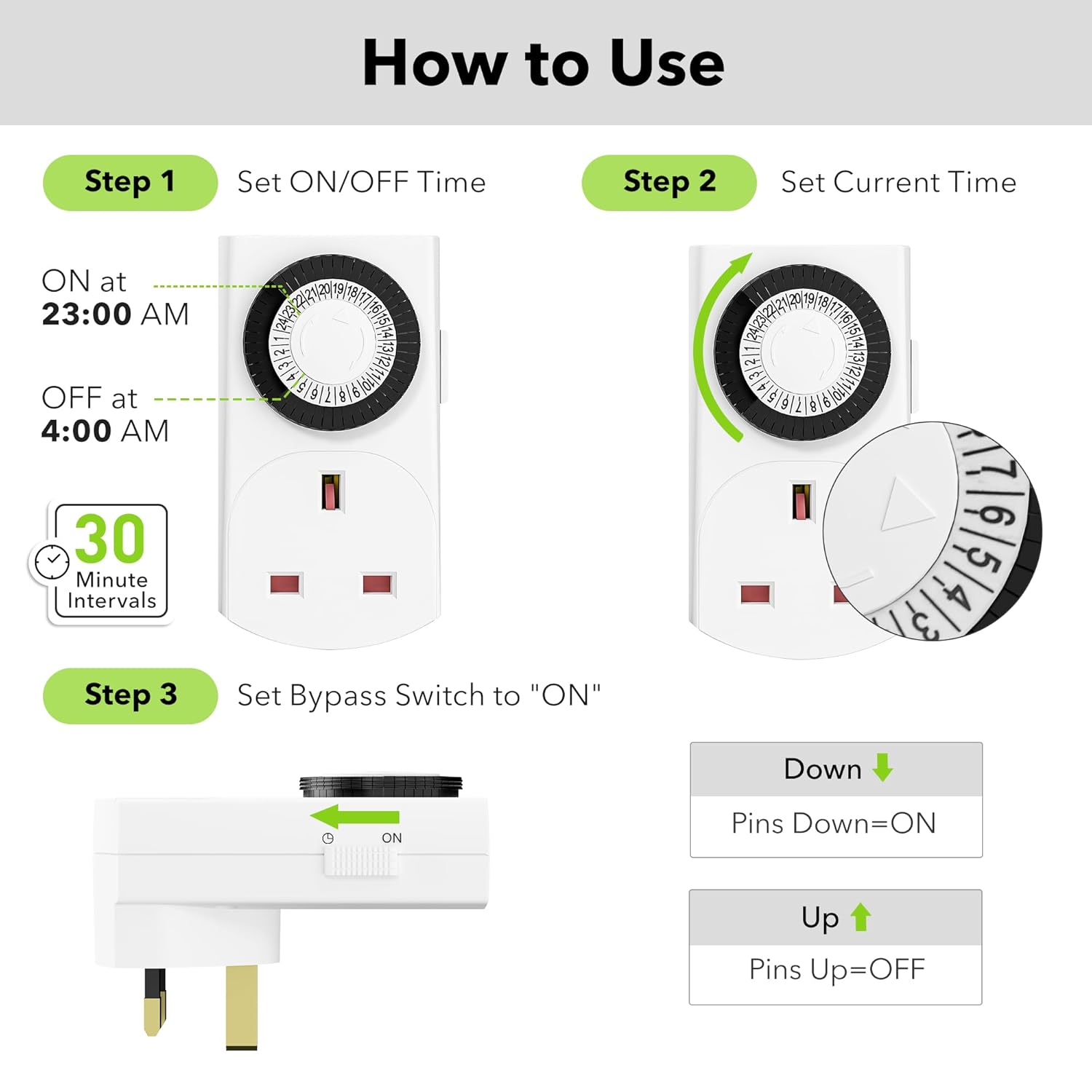 HBN 24 Hour Plug-in Compact Timer Plug Socket, Mini Energy Saver Mechanical Timer Switch for Indoor Lights, Christmas Lights and Home Appliances (13A/2900W, 3 Pack)-4