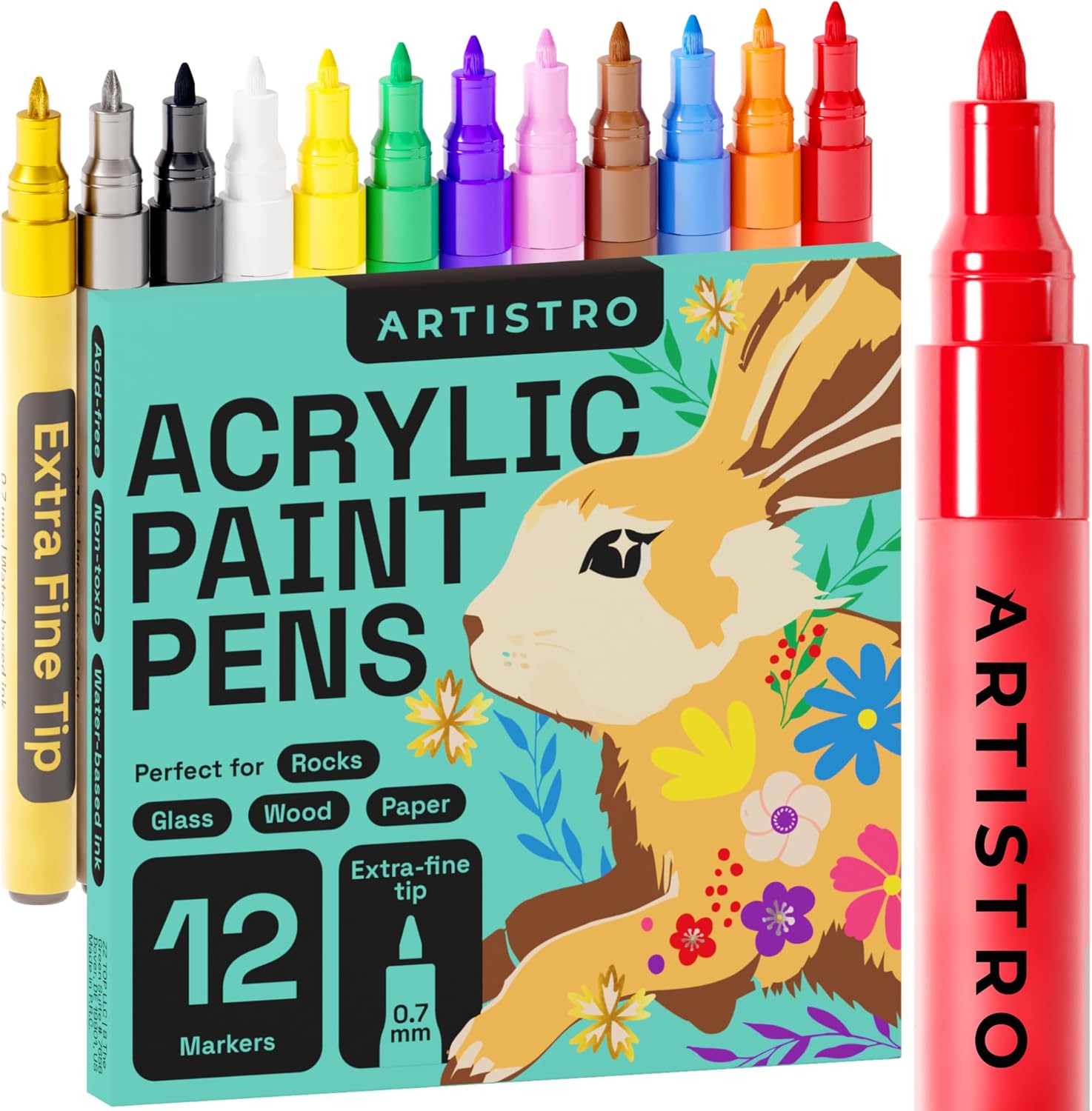 ARTISTRO 12 Acrylic Paint Pens - Extra Fine 0.7mm Paint Markers for Rock Wood Glass Canvas - Acrylic Markers Ideal for DIY Art Projects Scrapbooking and More - Non Toxic No Odor-0