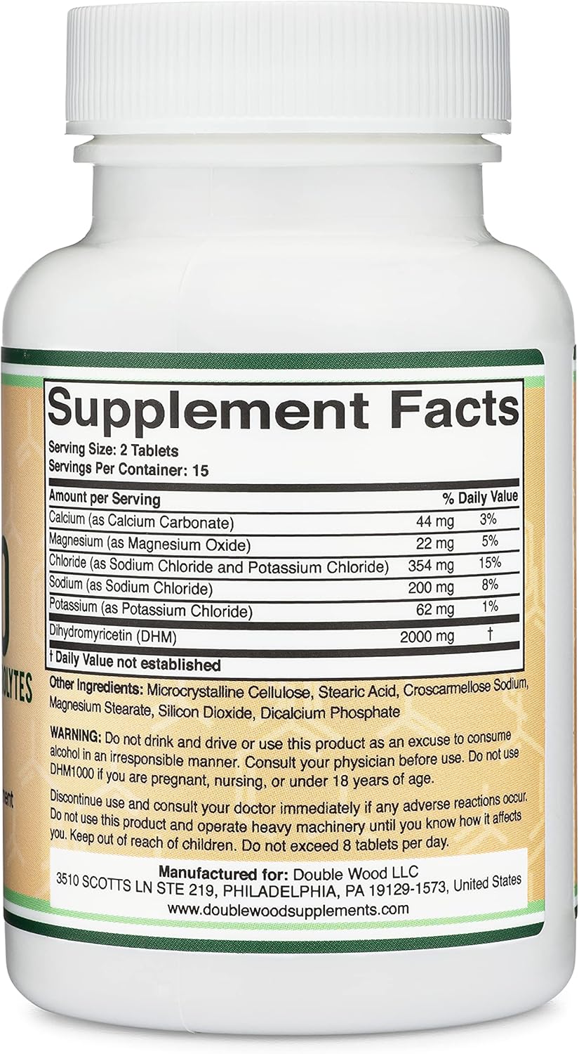 DHM1000 Dihydromyricetin (DHM) Tablets - Most Powerful DHM Supplement on The Market - 1,000mg (30 Count) Enhanced with Electrolytes for Hydration and Liver Support by Double Wood-2