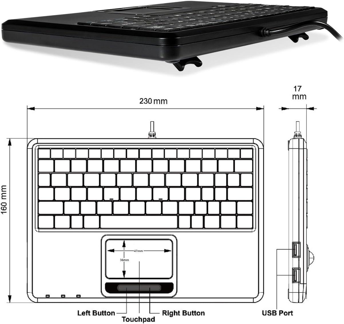 perixx PERIBOARD-510H Plus, Wired Super Mini USB Touchpad Keyboard, X Type Scissor Keys with 2 Built-In Hubs, UK Layout-2