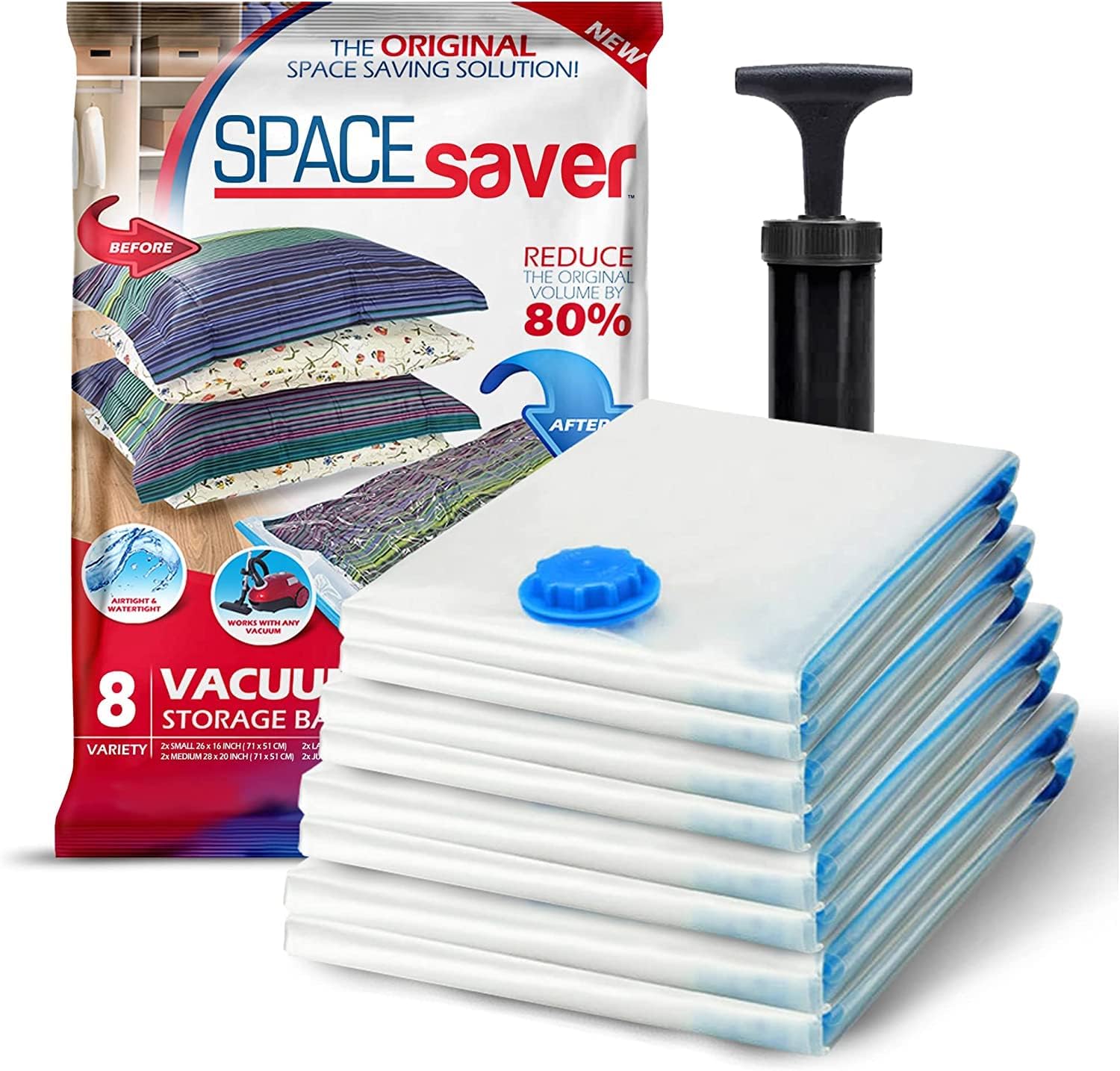 SpaceSaver Vacuum Storage Bags - Clothes Storage Bag Vacuum Pack - Space Saver Vacuum Storage Bags for Clothes Storage, Vacuum Bags for Bedding - Vacuum Bags for Clothes - with Pump (VARIETY 8-Pack)-0