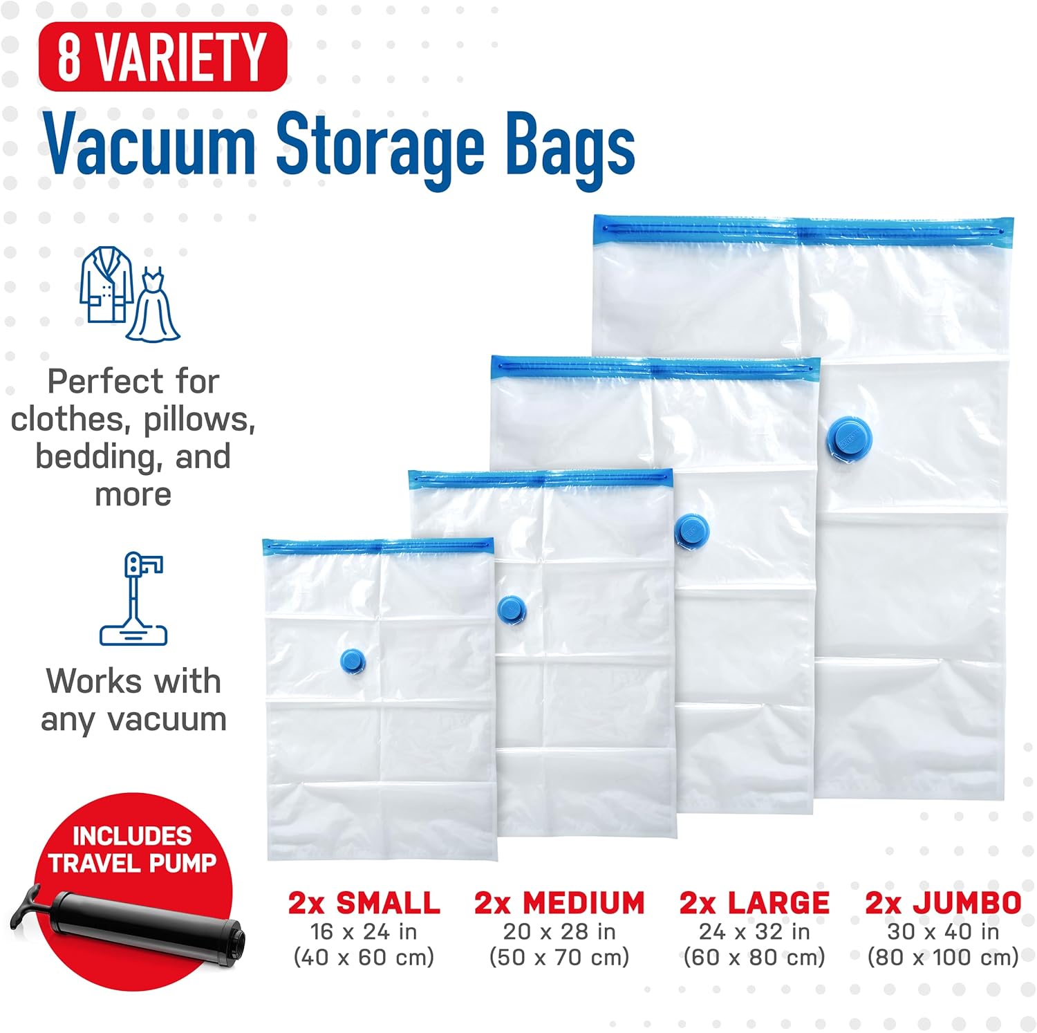 SpaceSaver Vacuum Storage Bags - Clothes Storage Bag Vacuum Pack - Space Saver Vacuum Storage Bags for Clothes Storage, Vacuum Bags for Bedding - Vacuum Bags for Clothes - with Pump (VARIETY 8-Pack)-2