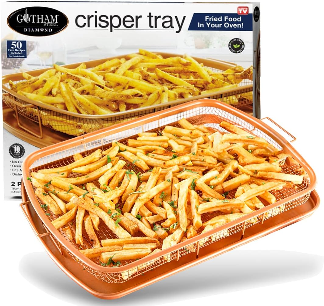 Gotham Steel Crisper Tray for Oven, 2 Piece Nonstick Copper Crisper Tray and Basket, Air Fry in Your Oven, Great for Baking and Crispy Foods, Dishwasher Safe – XXL-0