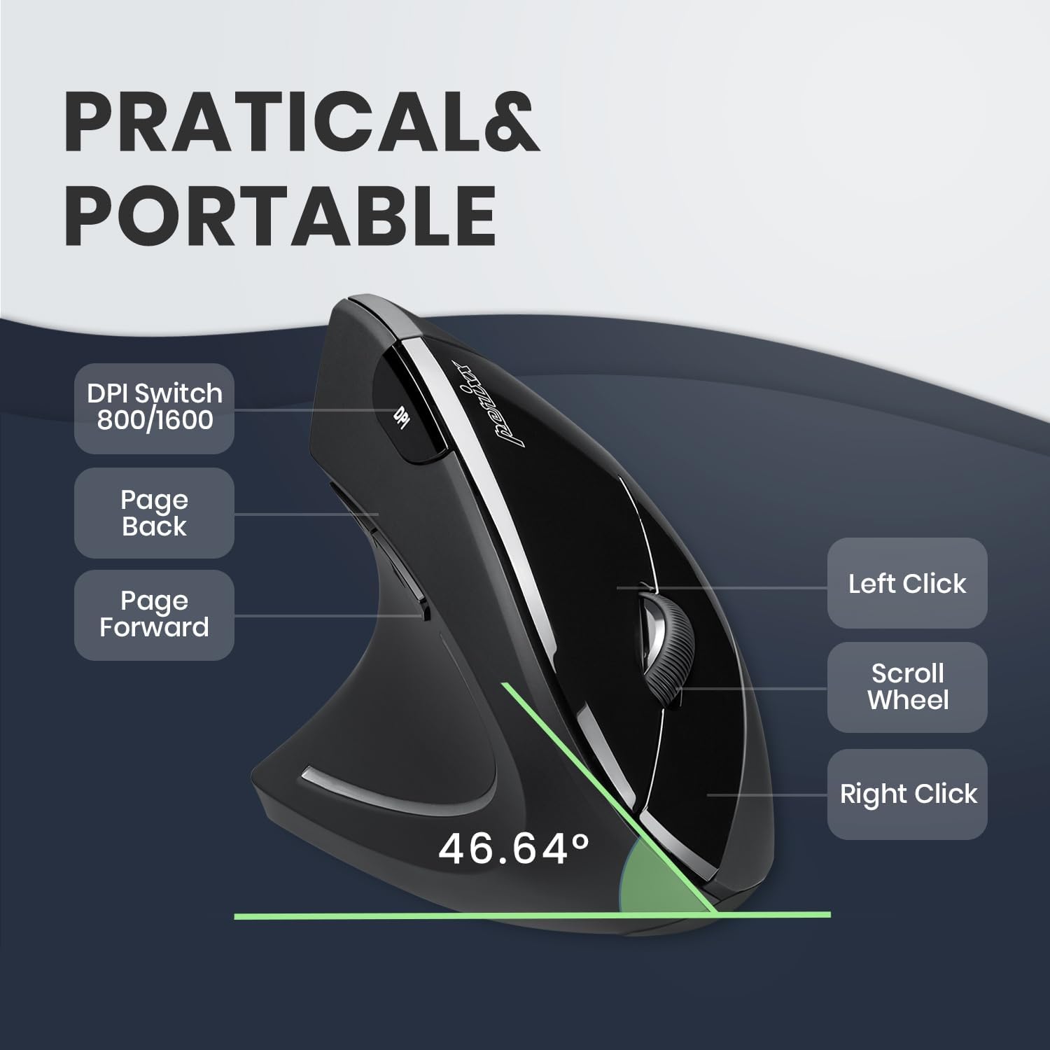 perixx PERIMICE-713L, Left Handed Wireless Vertical Mouse, 6 Buttons Design, 3 Level DPI, Power Switch-2