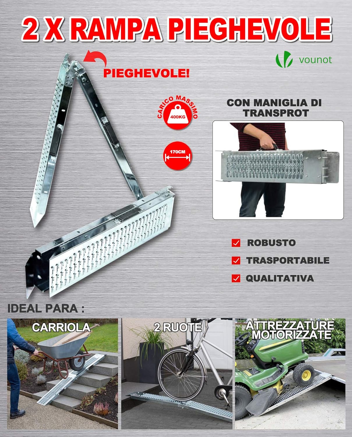 VOUNOT Folding ramp | Loading ramps 400 kg max | Folding ramp for Moto and access ramp | Resistant and convenient | Size 160 x 22.5x 4.5cm-4