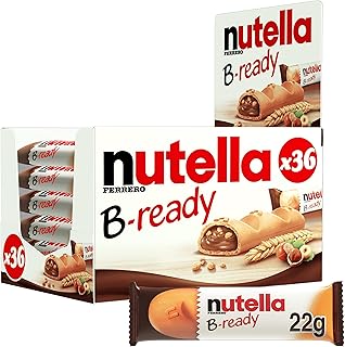 Nutella B-Ready Hazelnut Biscuit Snack Bars, Bulk Chocolate Gift, Wafer Filled with Hazelnut Spread and Cocoa, Pack of 36 x 22g