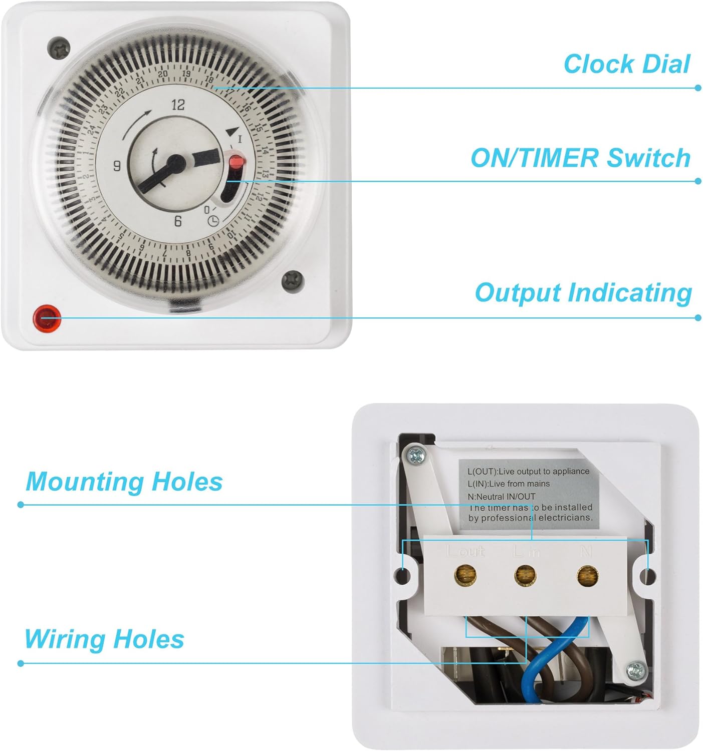 HBN 24 Hour Indoor Energy Saving Mechanical Immersion Heater Segment Timer Switch with Waterproof Cover, White, 16 Amps-6