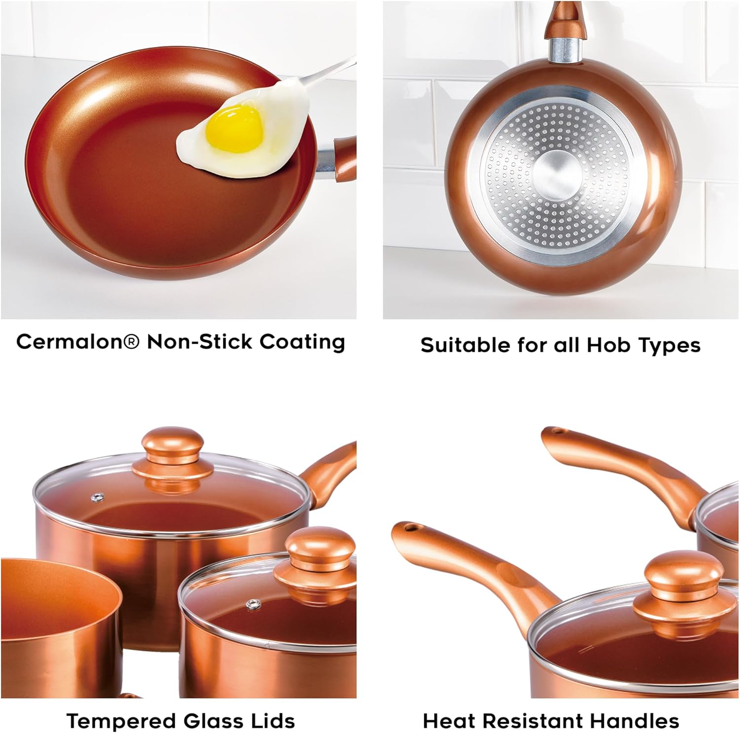 Cermalon 5-Piece Copper Collection Cookware Set-Includes 2X Frying Pans and 3X Saucepans- Ceramic Non-Stick Coating with Metallic Copper Exterior-Compatible for All Types of Hobs-PTFE & PFOA Free-2