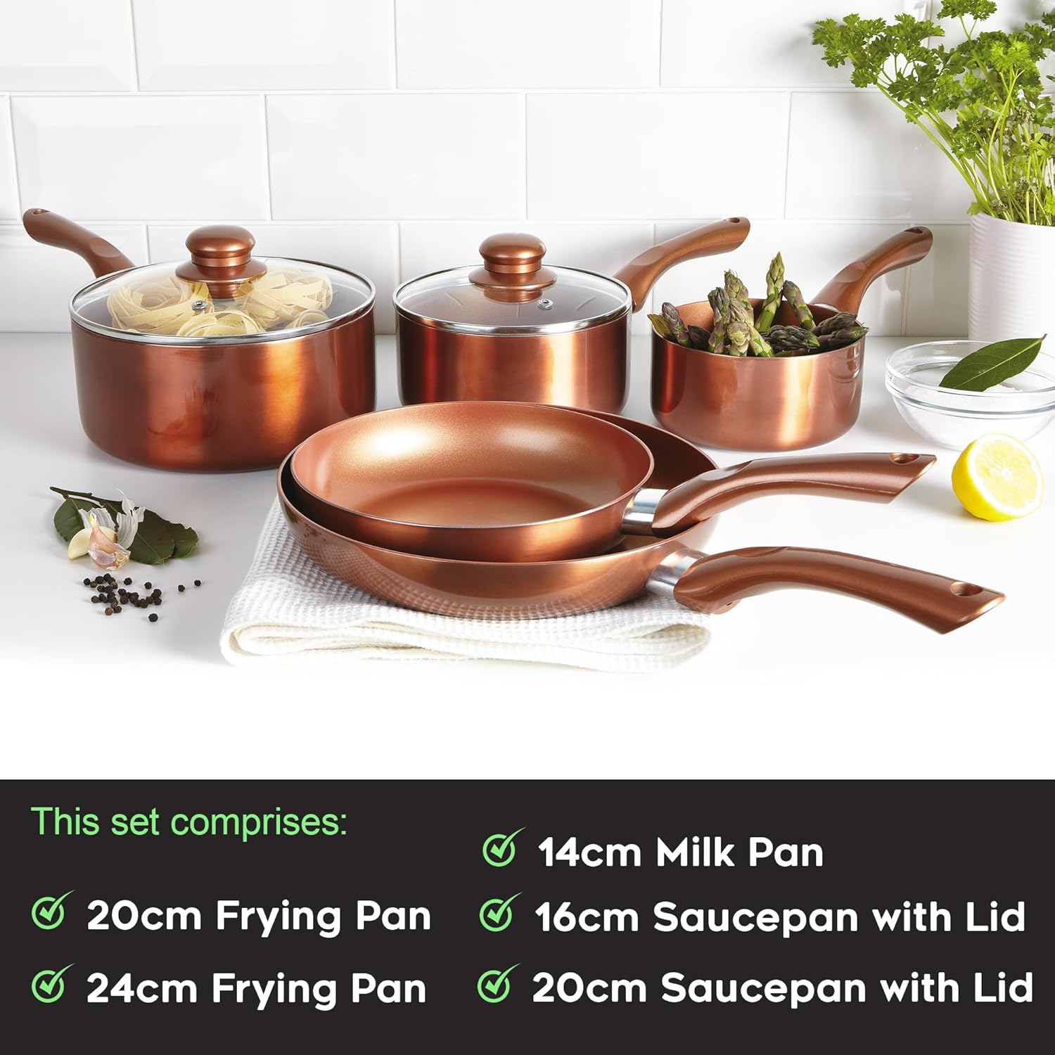 Cermalon 5-Piece Copper Collection Cookware Set-Includes 2X Frying Pans and 3X Saucepans- Ceramic Non-Stick Coating with Metallic Copper Exterior-Compatible for All Types of Hobs-PTFE & PFOA Free-3