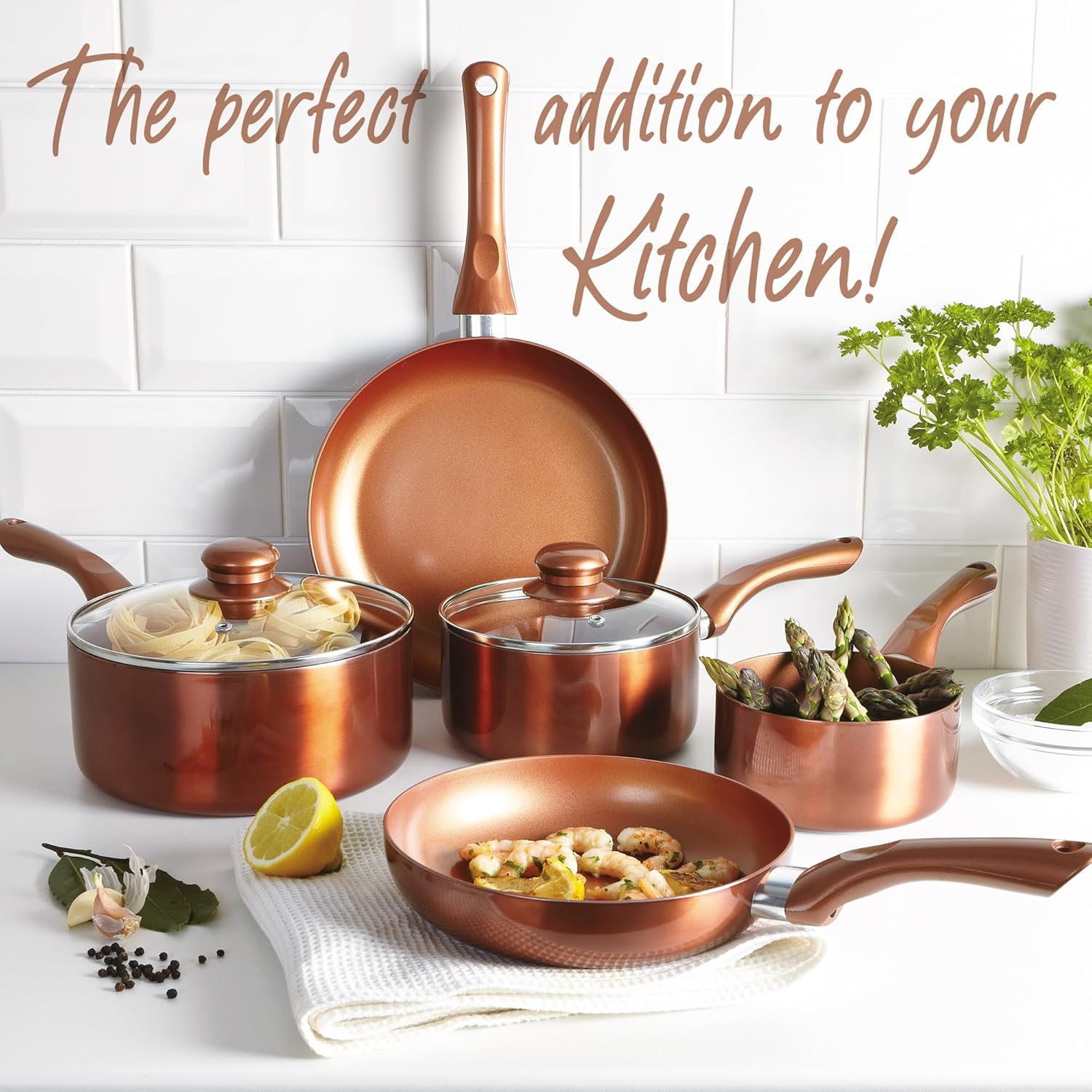 Cermalon 5-Piece Copper Collection Cookware Set-Includes 2X Frying Pans and 3X Saucepans- Ceramic Non-Stick Coating with Metallic Copper Exterior-Compatible for All Types of Hobs-PTFE & PFOA Free-5