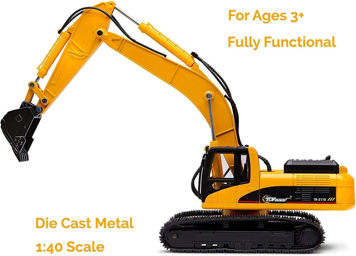 Top Race Metal Diecast Construction Excavator Toy - Realistic Model Digger Tractor, 1:40 Scale - Suitable for Kids and Adults Ages 3 and Up-3