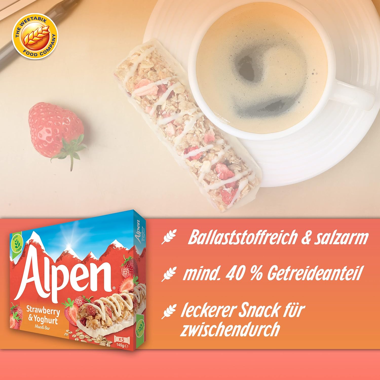 Alpen Strawberry and Yoghurt 5 Cereal Bars (Pack of 10, total of 50 bars)-1