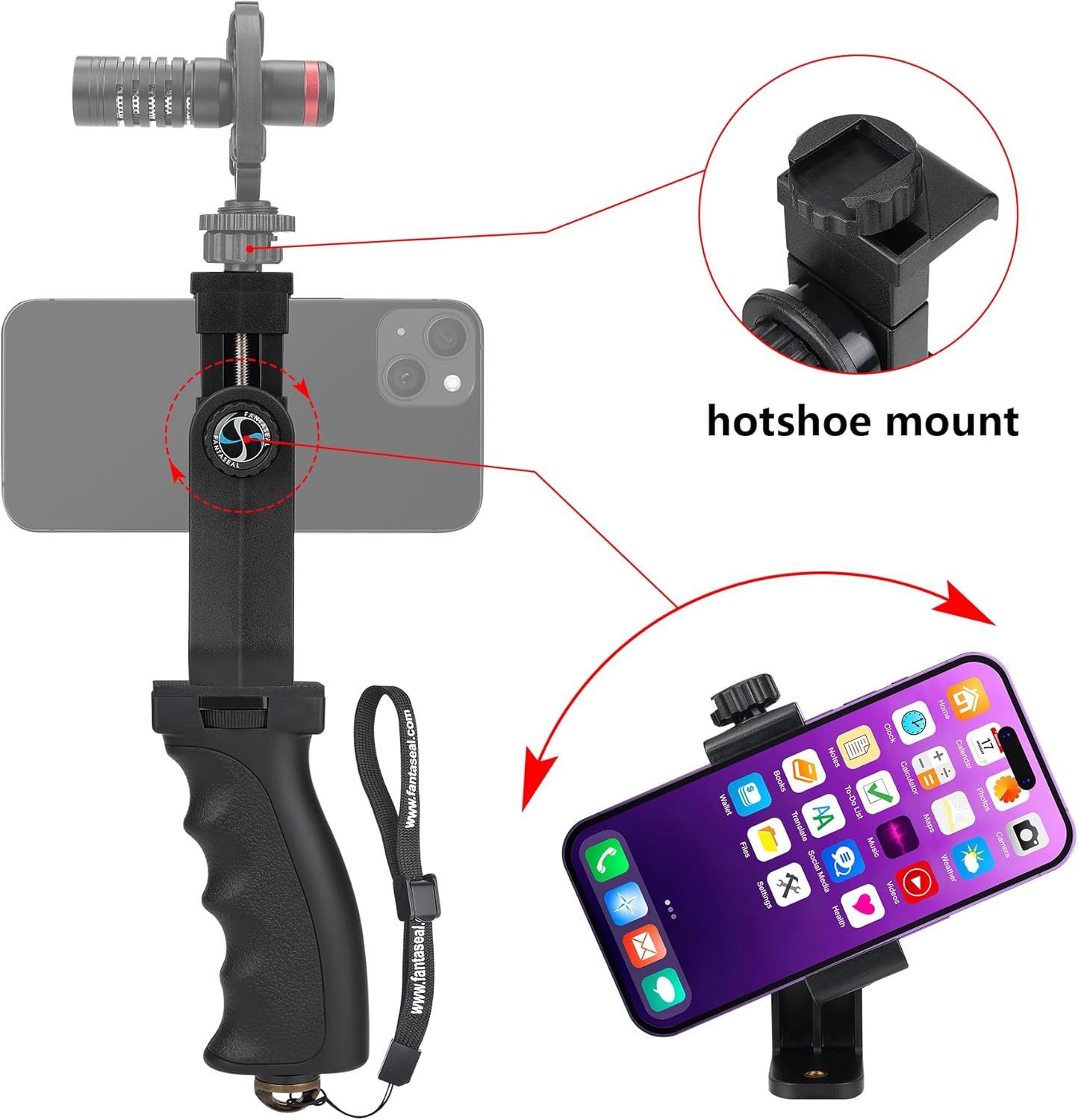 Ergonomic Anti-falling Cell Phone Vlogging Hand Grip Stabilizer Smartphone Holder Rig Mount Video Kit w/Safety Strap Portable Selfie Stick for iPhone Samsung (Landscape+Portrait)-Mic/Light Adaptable-2