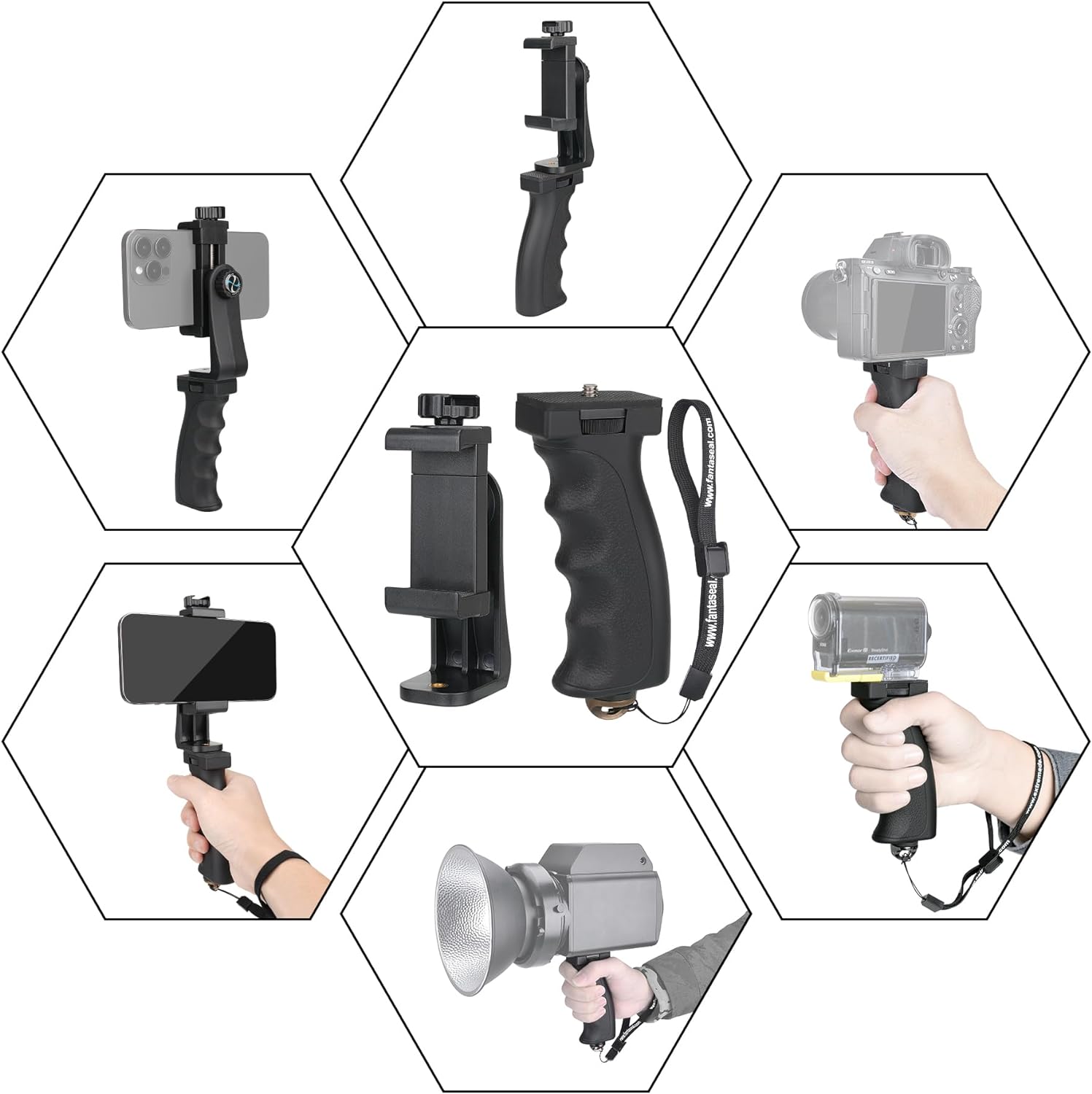 Ergonomic Anti-falling Cell Phone Vlogging Hand Grip Stabilizer Smartphone Holder Rig Mount Video Kit w/Safety Strap Portable Selfie Stick for iPhone Samsung (Landscape+Portrait)-Mic/Light Adaptable-5