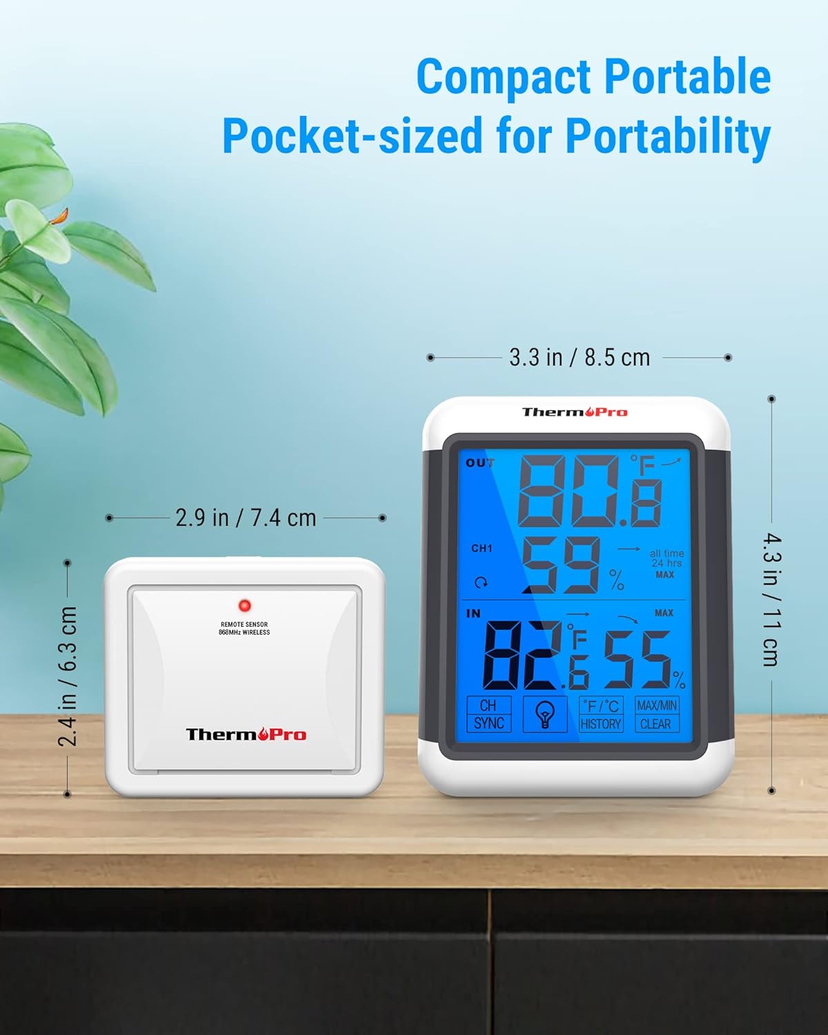 ThermoPro TP65C Digital Wireless Hygrometer Indoor Outdoor Thermometer Wireless Temperature and Humidity Monitor with Touchscreen Backlight Weather Station, 500 Feet or 150 Meter Range-4