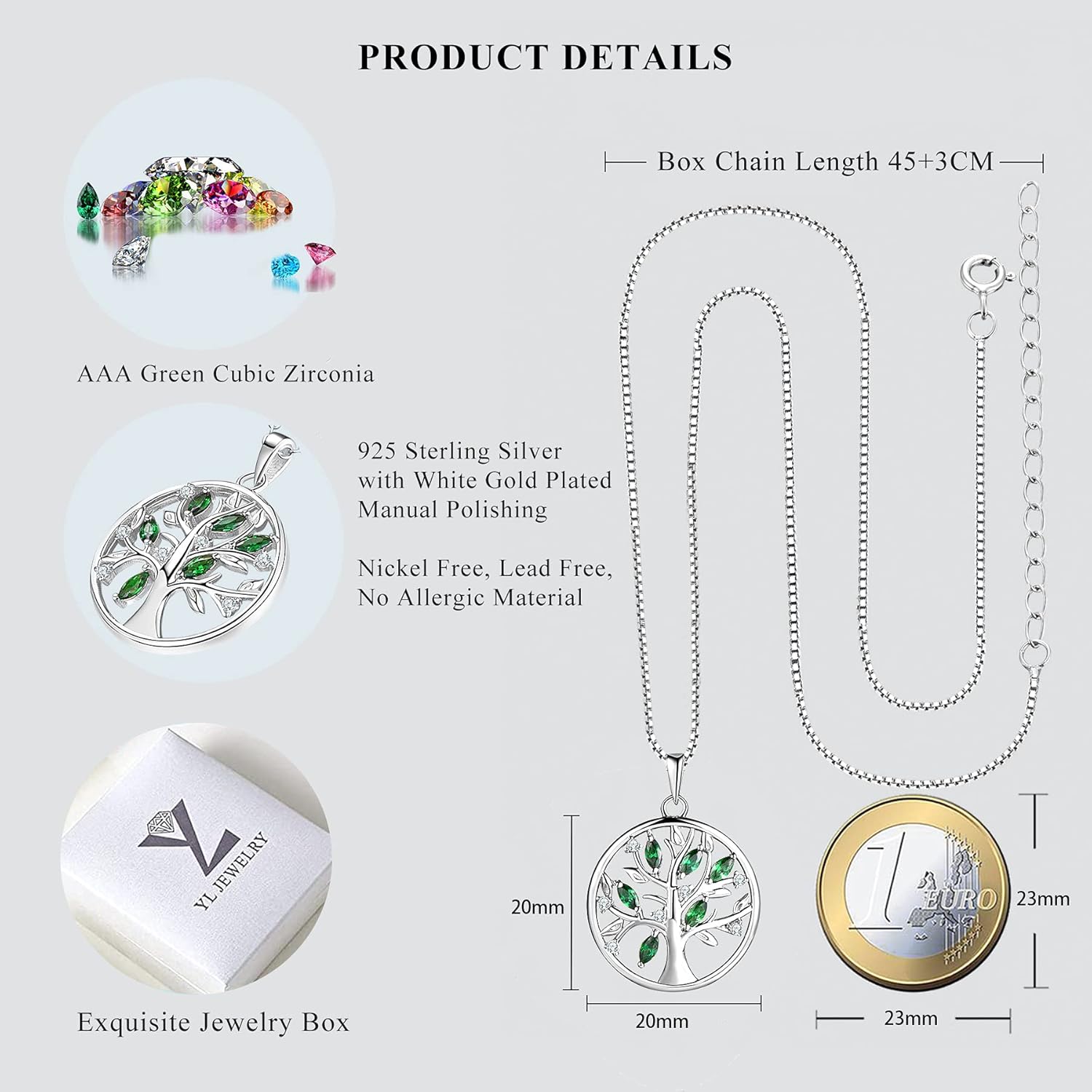 YL Tree of Life Necklace 925 Sterling Silver cut AAA Cubic Zirconia Family Tree Pendant Necklace for Women, 45-48cm-5