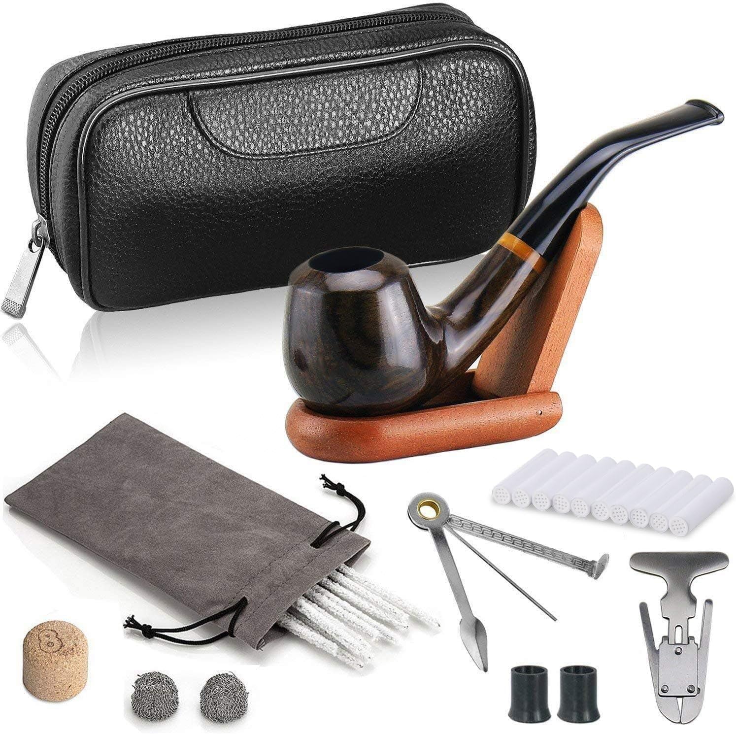 Joyoldelf Smoking Pipes, Luxury Ebony Tobacco Smoking Pipe Set, Deepened & Windproof Wooden Pipe with Leather Tobacco Pouches, Pipe Stand and Smoking Accessories-0