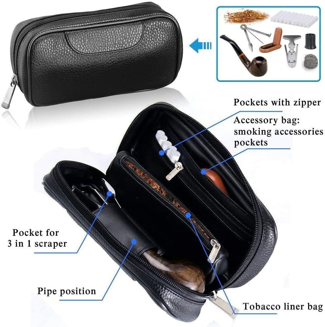 Joyoldelf Smoking Pipes, Luxury Ebony Tobacco Smoking Pipe Set, Deepened & Windproof Wooden Pipe with Leather Tobacco Pouches, Pipe Stand and Smoking Accessories-5