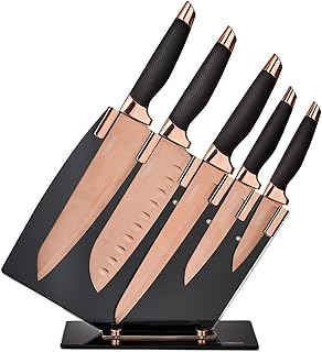 Tower T81532RD Kitchen Knife Set with Acrylic Knife Block, Damascus Effect, Stainless Steel Blades, Rose Gold and Black, 5 Pieces