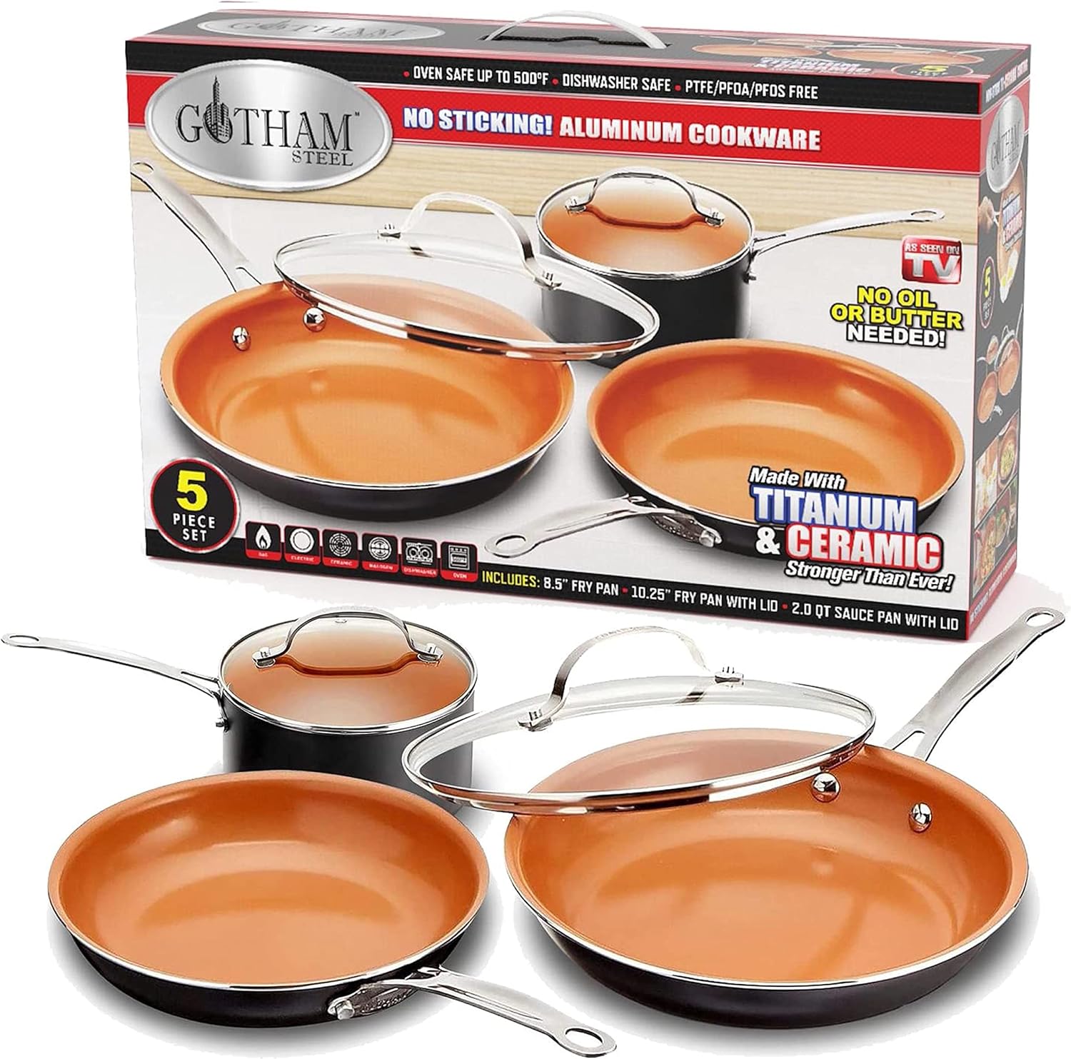 Gotham Steel 5 Piece Kitchen Essentials Cookware Set with Ultra Nonstick Copper Surface Dishwasher Safe, Cool Touch Handles- Includes Fry Pans, Graphite-0