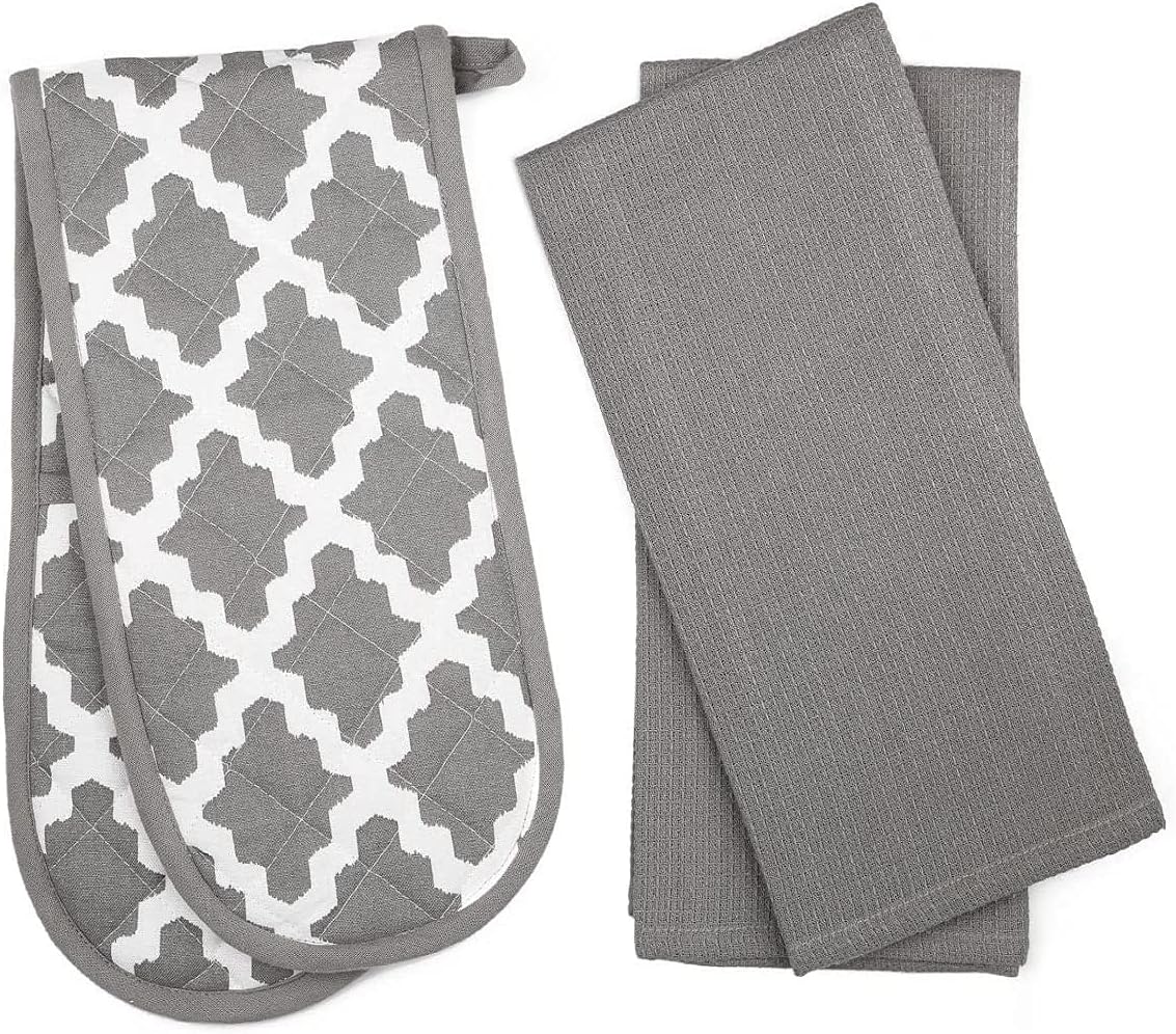 Penguin Home Heat Resistant Oven Gloves with Set of 2 Tea Towel, Oven Mitt & Potholder for Home Cooking - Maximum Heat Protection/Kitchen Accessories(Diamond Grey) Size - (18x90 & 65x45 cm)-0