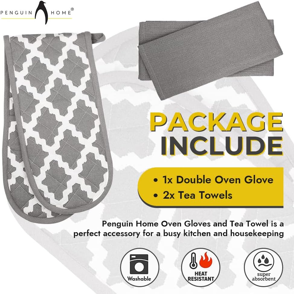 Penguin Home Heat Resistant Oven Gloves with Set of 2 Tea Towel, Oven Mitt & Potholder for Home Cooking - Maximum Heat Protection/Kitchen Accessories(Diamond Grey) Size - (18x90 & 65x45 cm)-3