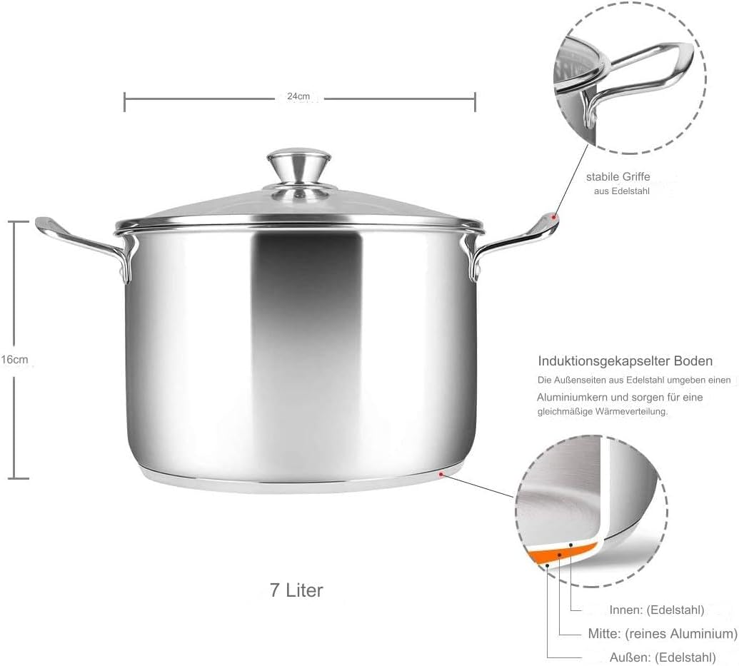 Penguin Home Stock Pot 24 cm, 7 Litre Stainless Steel Stockpot with Glass Lid Soup Pan Induction Safe Soup Pot, Casserole Dish Cooking Pot - 24x16cm Mirror Finish Cooker Pot Set-2