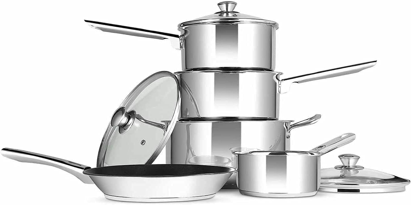 Penguin Home Set of 5 Cookware Pan Set, Stainless Steel Kitchen Set of 5 Piece - 18 cm & 20 cm Saucepan with lid, 24 cm Non Stick Frying Pan, 24 cm Stock Pot and 14 cm Milk Pan-0