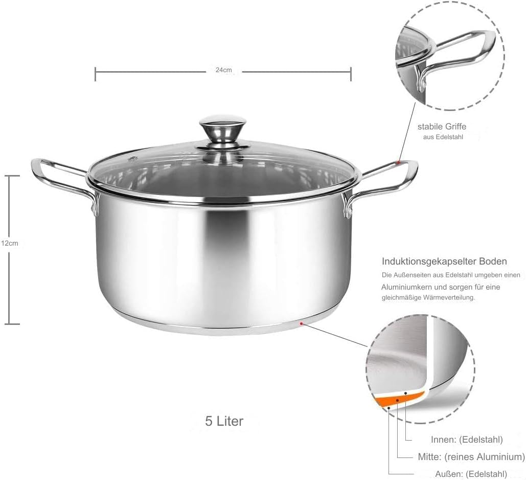 Penguin Home Set of 5 Cookware Pan Set, Stainless Steel Kitchen Set of 5 Piece - 18 cm & 20 cm Saucepan with lid, 24 cm Non Stick Frying Pan, 24 cm Stock Pot and 14 cm Milk Pan-3