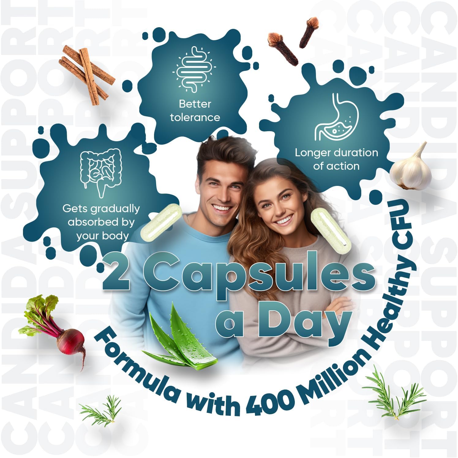 Candida Support - 180 Vegan Capsules - 3 Months Supply - For Men & Women - With Aloe Vera, Caprylic Acid, Grape Seed Extract & Rosemary Powder & Probiotics 400 Million CFU - Candida Cleanse Supplement-2