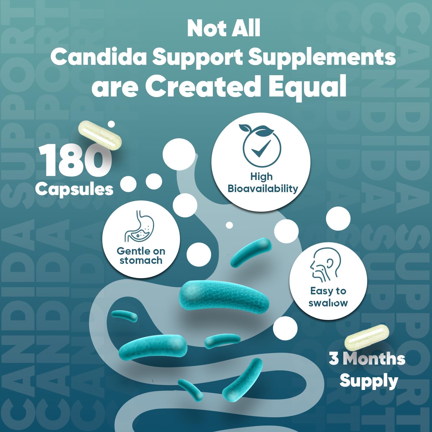 Candida Support - 180 Vegan Capsules - 3 Months Supply - For Men & Women - With Aloe Vera, Caprylic Acid, Grape Seed Extract & Rosemary Powder & Probiotics 400 Million CFU - Candida Cleanse Supplement-3