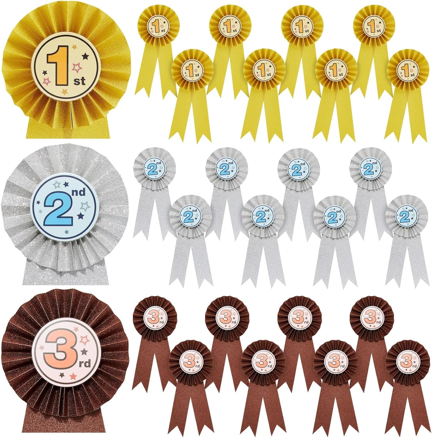 Juvale 24-Pack Award Ribbons, 1st, 2nd, and 3rd Place Recognition Awards, Rosette Victory Ribbons for Sports Event, Spelling Bees, School Science Fairs, Talent Shows Contest (Gold, Silver, Bronze)-0