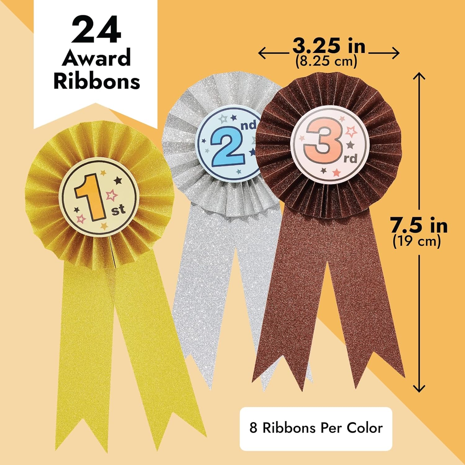 Juvale 24-Pack Award Ribbons, 1st, 2nd, and 3rd Place Recognition Awards, Rosette Victory Ribbons for Sports Event, Spelling Bees, School Science Fairs, Talent Shows Contest (Gold, Silver, Bronze)-2