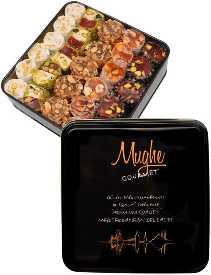 Mughe Gourmet Luxury Sultan Pistachio Turkish Delight Candy Elegant Gift Tin Box - Lokum Delights Orange, Hazelnut, Almonds - 2.2lb/1000g - Perfect Gifts for Mother's Day, Father's Day, Birthday-0