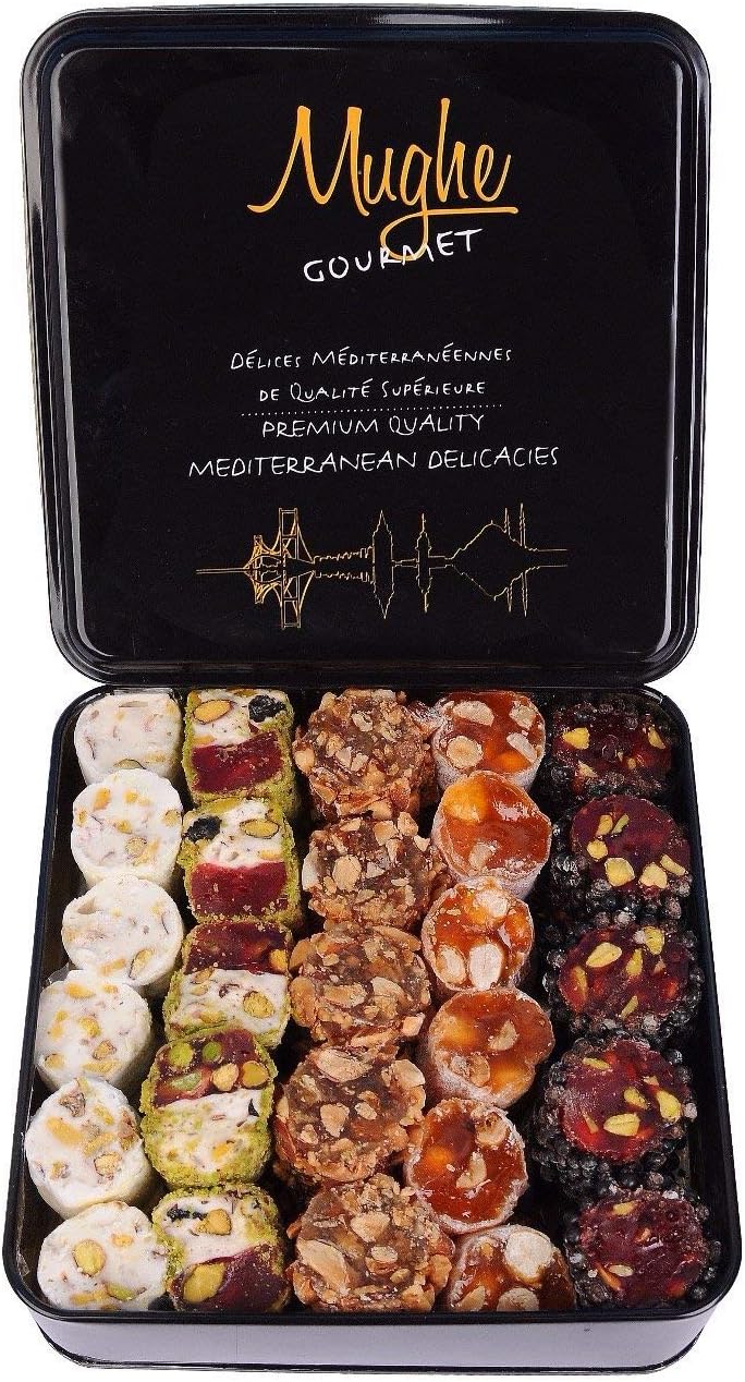 Mughe Gourmet Luxury Sultan Pistachio Turkish Delight Candy Elegant Gift Tin Box - Lokum Delights Orange, Hazelnut, Almonds - 2.2lb/1000g - Perfect Gifts for Mother's Day, Father's Day, Birthday-4