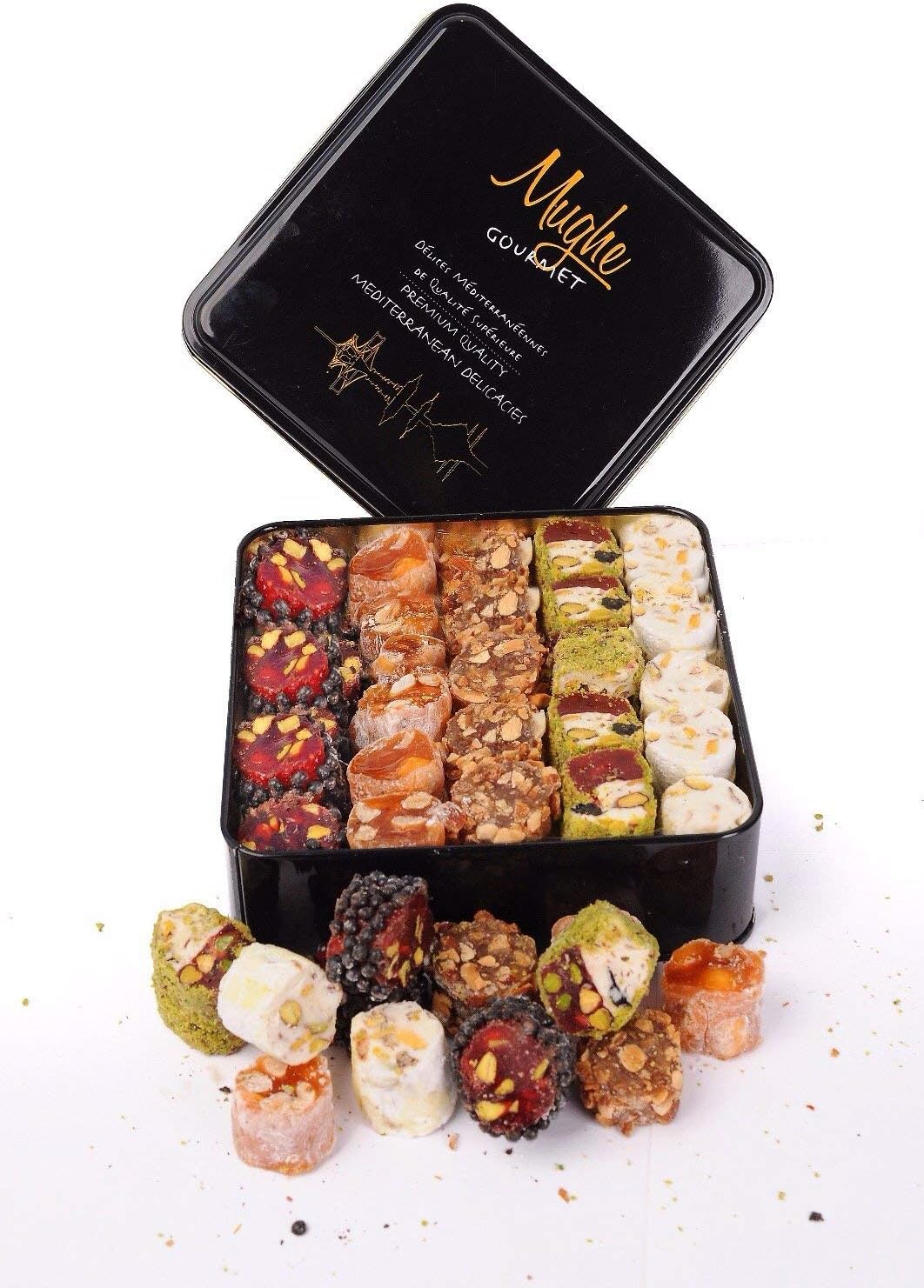 Mughe Gourmet Luxury Sultan Pistachio Turkish Delight Candy Elegant Gift Tin Box - Lokum Delights Orange, Hazelnut, Almonds - 2.2lb/1000g - Perfect Gifts for Mother's Day, Father's Day, Birthday-6