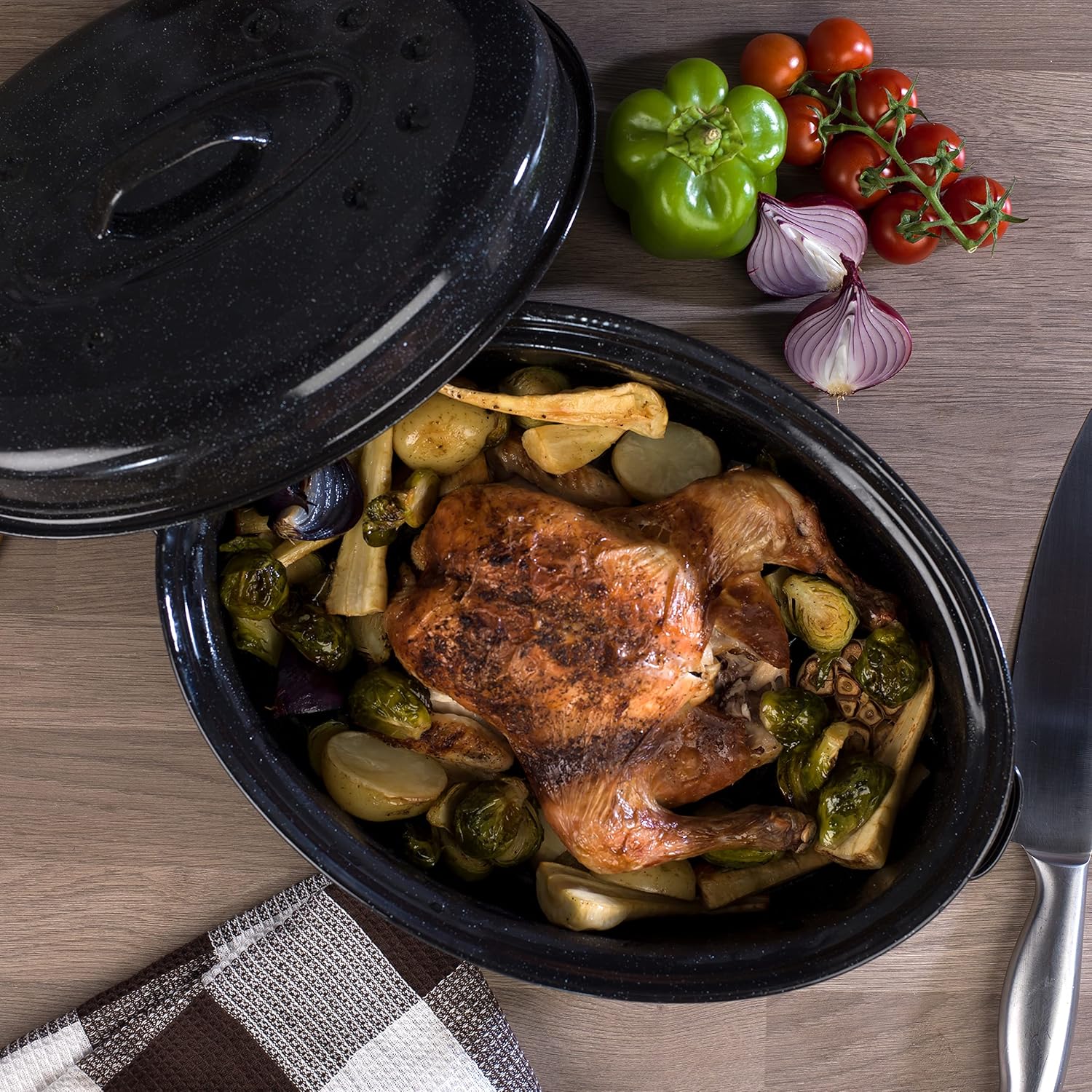 Russell Hobbs Vitreous Enamel Deep Roaster, Baking Tray and Self Basting Roaster with Lid, Black-4