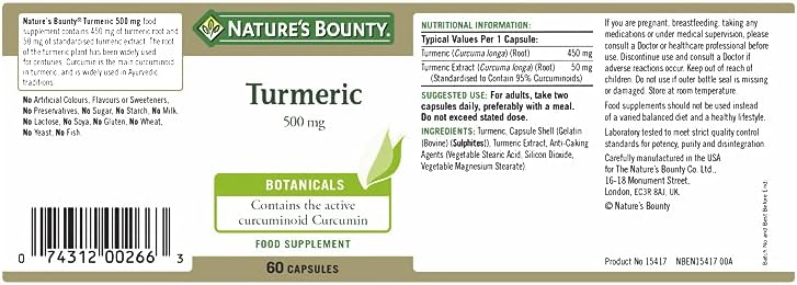 Nature's Bounty Turmeric 500 mg Capsules - Pack of 60 Capsules, Two-a-day - 450mg of Turmeric Root - Contains Curcumin - Gluten Free-1