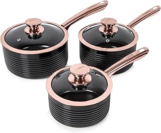 Tower T800001RB Linear Non Stick Induction Saucepans Sets With Lids, Easy Clean, Black and Rose Gold, 3 Piece Set, 16/18/20 cm