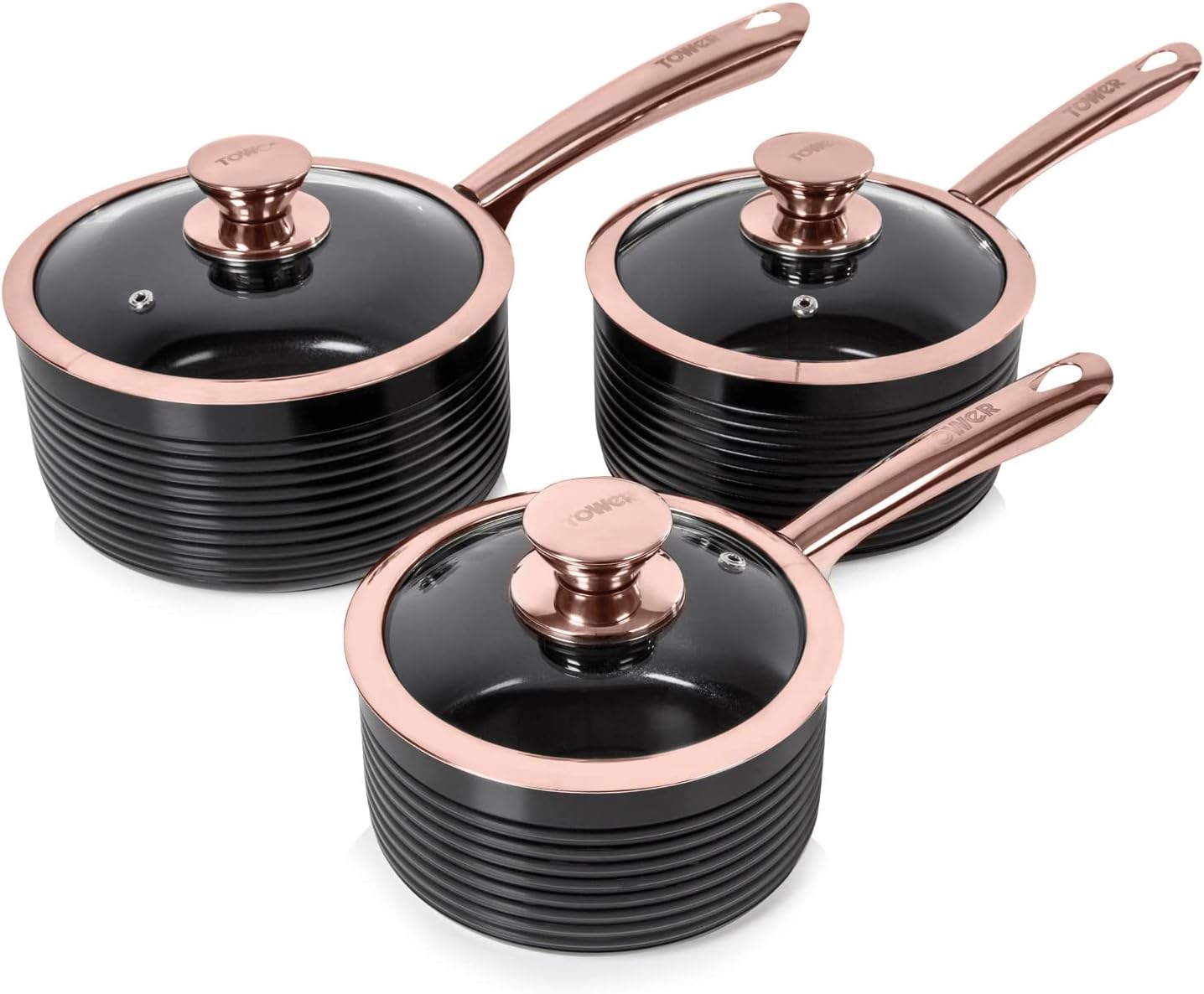 Tower T800001RB Linear Non Stick Induction Saucepans Sets With Lids, Easy Clean, Black and Rose Gold, 3 Piece Set, 16/18/20 cm-0