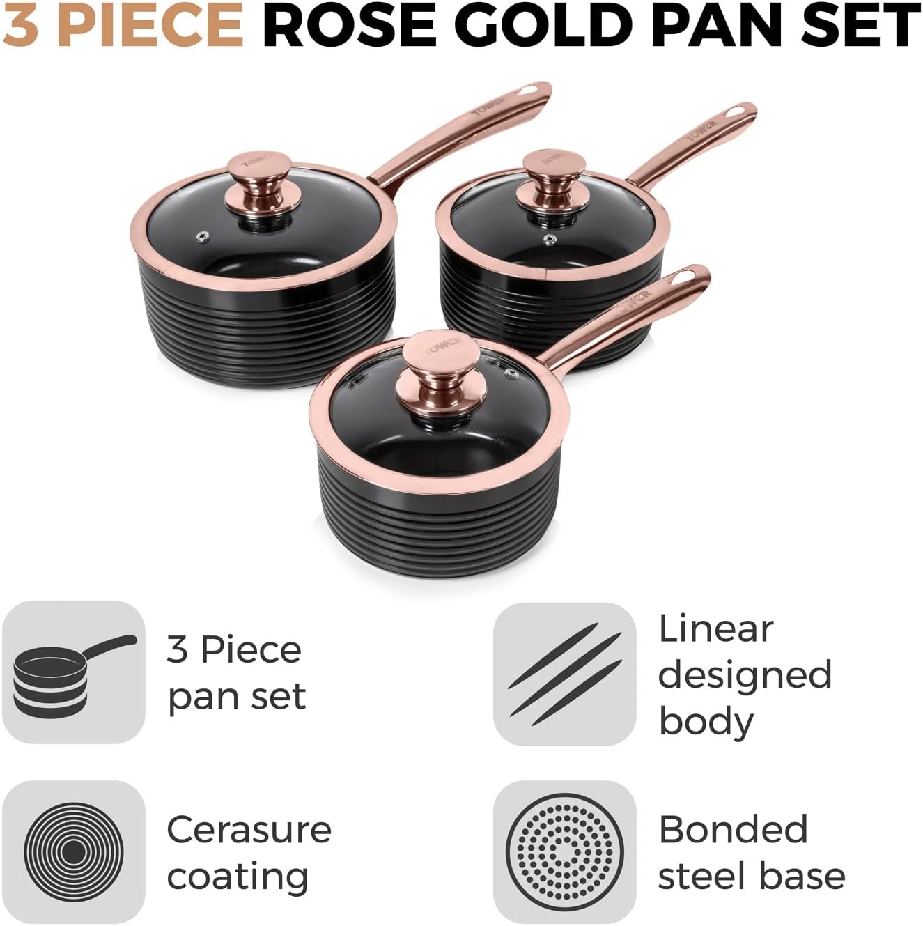 Tower T800001RB Linear Non Stick Induction Saucepans Sets With Lids, Easy Clean, Black and Rose Gold, 3 Piece Set, 16/18/20 cm-1