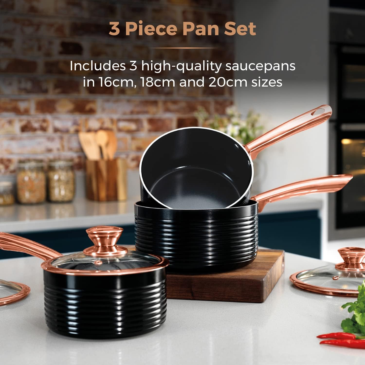 Tower T800001RB Linear Non Stick Induction Saucepans Sets With Lids, Easy Clean, Black and Rose Gold, 3 Piece Set, 16/18/20 cm-2