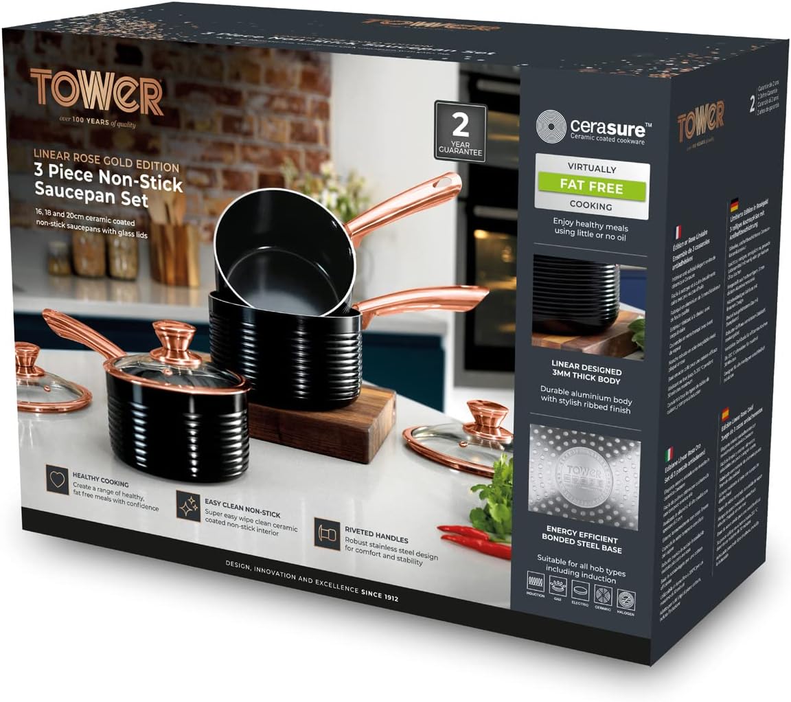 Tower T800001RB Linear Non Stick Induction Saucepans Sets With Lids, Easy Clean, Black and Rose Gold, 3 Piece Set, 16/18/20 cm-7