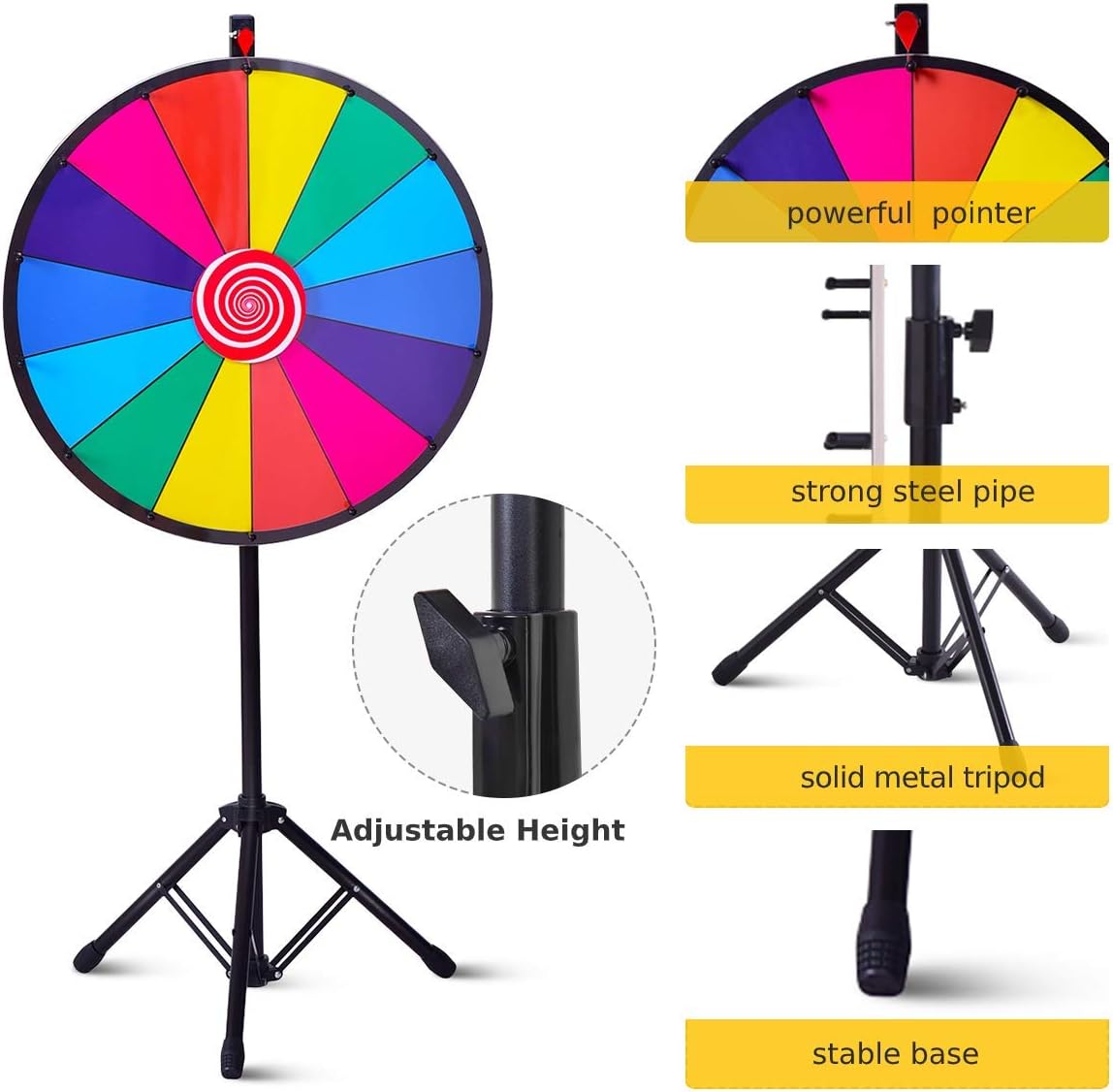 GYMAX 18"/24" Color Prize Wheel 14 Slots Dry Eraser Trade Show Fortune Win Colorful Spin Party Pub Tradeshow Game (24" Tripod Stand)-1